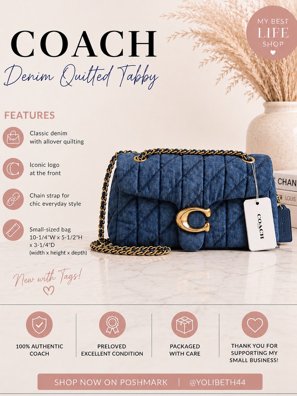Coach Quilted Tabby Medium Denim Shoulder Bag 26